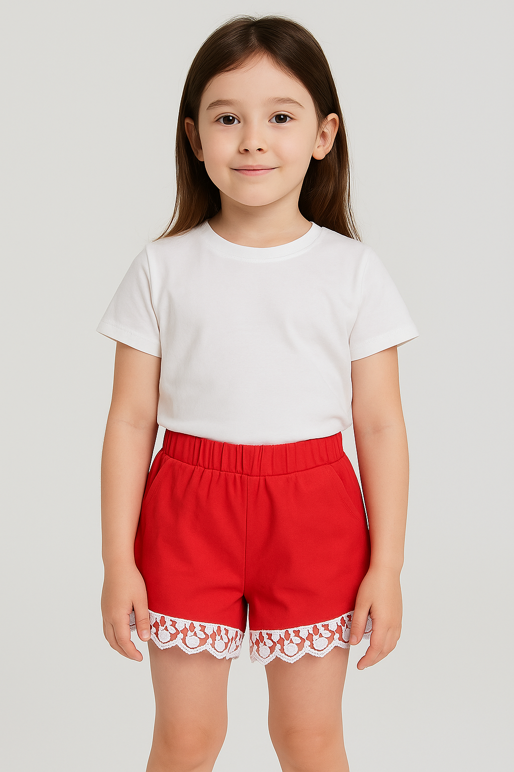 DOE A DEAR RED Elastic Shorts w/ Cherry Lace Hem